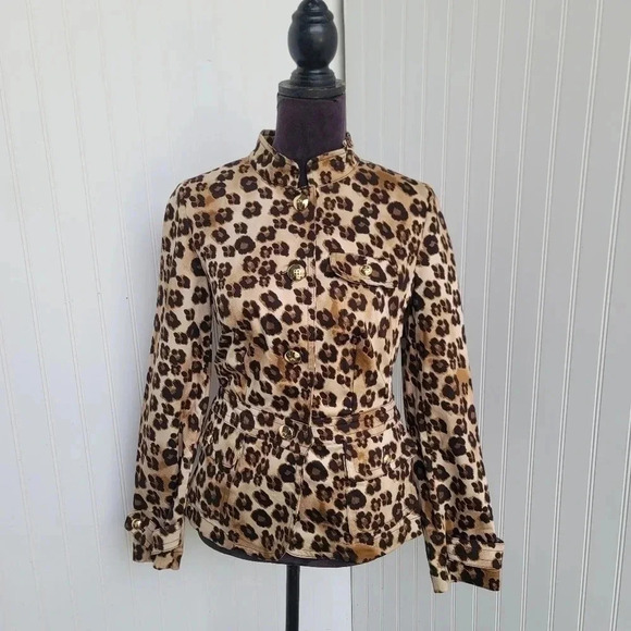 CHARTER CLUB Light Jacket Coat Leopard Print Cotton Blend Women Petite Brown 10P - Picture 1 of 15